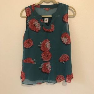 CAbi Style#3445 Teal Blushing Floral Sleeveless Peplum Blouse Size S